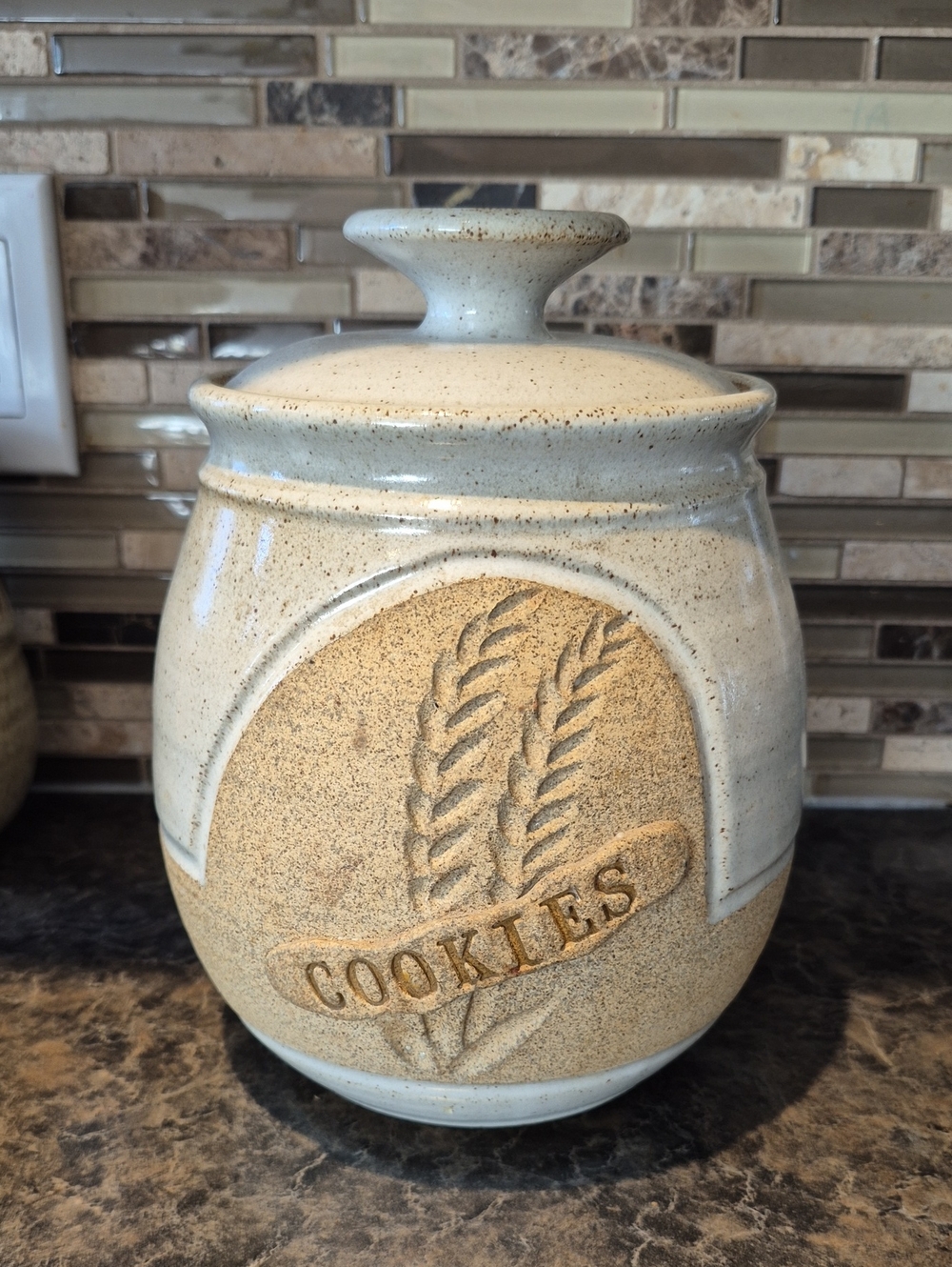 Vintage Handmade Cream Pottery Cookie Jar with Wheat